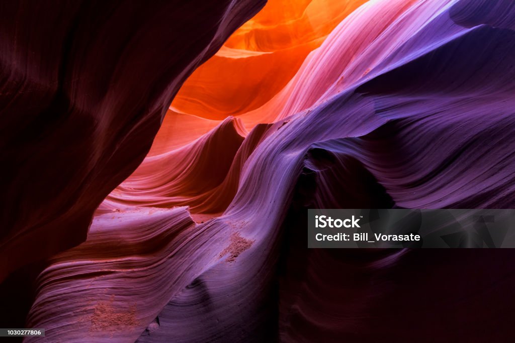 Beautiful wide angle view of amazing sandstone formations in famous Lower Antelope Canyon near the historic town of Page at Lake Powell, Arizona, USA Beautiful wide angle view of amazing sandstone formations in famous Lower Antelope Canyon near the historic town of Page at Lake Powell, American Southwest, Arizona, USA Grand Canyon Stock Photo