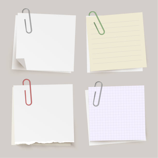 ilustrações, clipart, desenhos animados e ícones de conjunto de papéis de nota de vetor com clipes de papel, fundo transparente. - sheet adhesive note paper note pad