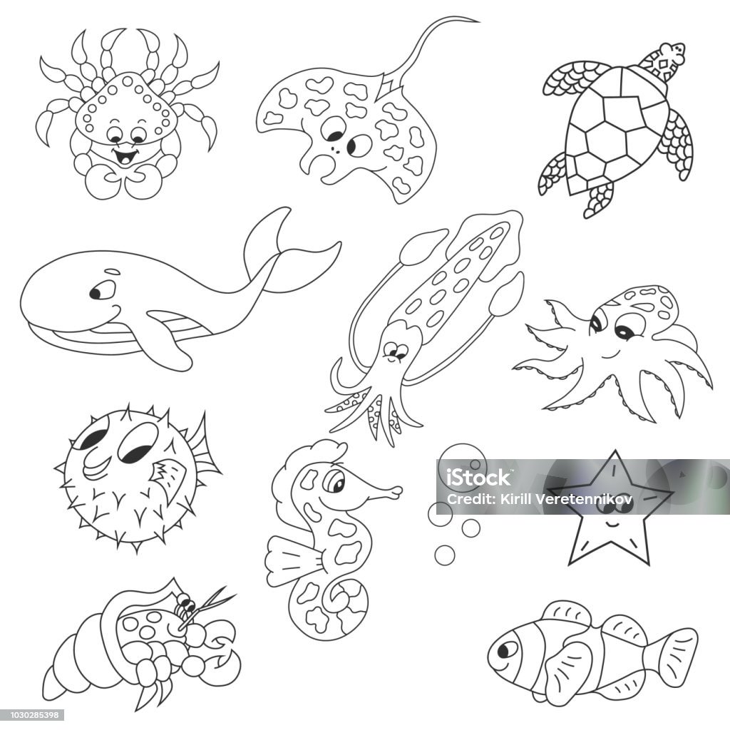 Outline Sea Animals Vector Isolated Stock Illustration - Download Image Now  - Baby - Human Age, Octopus, Sea - iStock