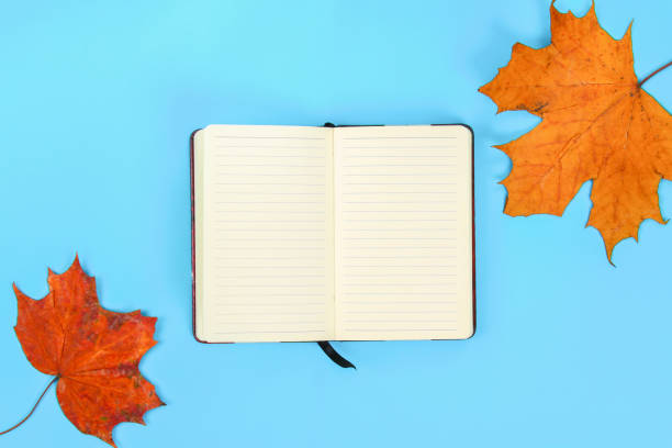 istock Autumn composition: Bright maple leaves on a blue background with a white notepad. Copy space.Flat lay. Top view. 1030287930