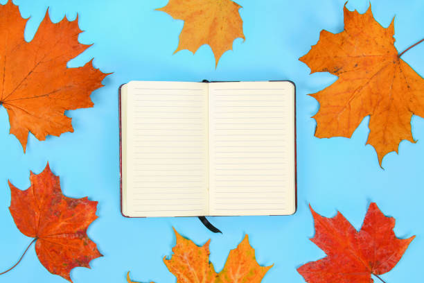 istock Autumn composition: Bright maple leaves on a blue background with a white notepad. Copy space.Flat lay. Top view. 1030287944