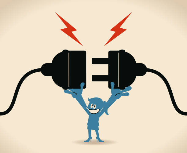 niebieska kobieta trzymająca ogromną przewodową wtyczkę elektryczną i gniazdo gotowe do nawiązania połączenia - electric plug electricity women power stock illustrations