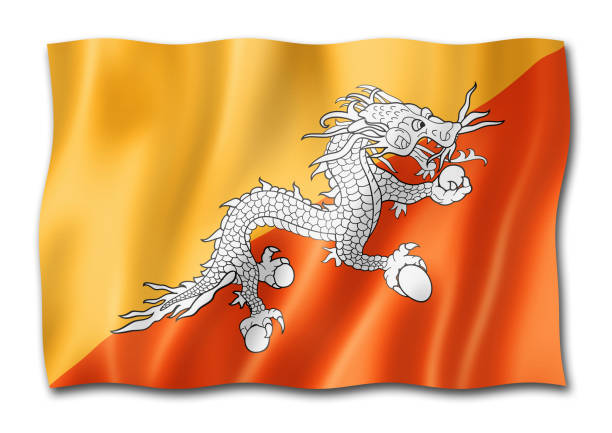 Detailed 3D rendering closeup of the flag of Bhutan.  Flag has a detailed realistic fabric texture and an accurate design and colors.
