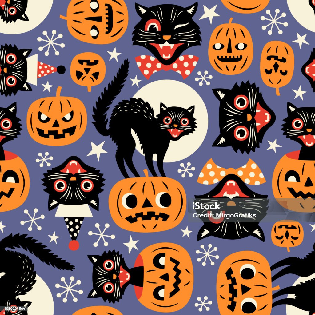 Vintage spooky cats and halloween pumpkins. Seamless vector pattern on purple background. Halloween stock vector