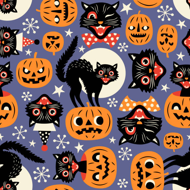 Vintage spooky cats and halloween pumpkins. Seamless vector pattern on purple background. black cat stock illustrations