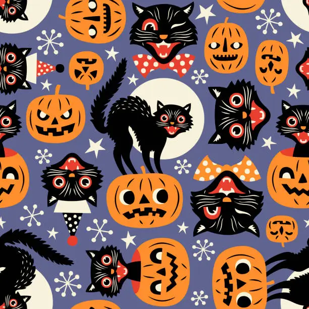 Vector illustration of Vintage spooky cats and halloween pumpkins.