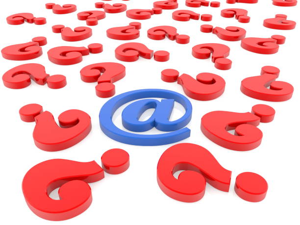 istock At sign in blue with question marks in red around on white background 1030294930