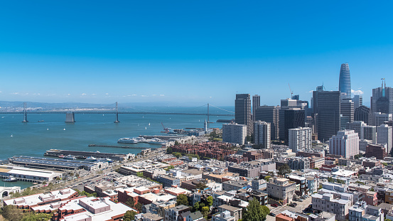 San Francisco, panorama of Financial District downtown and the Oakland Bay Bridge in background
