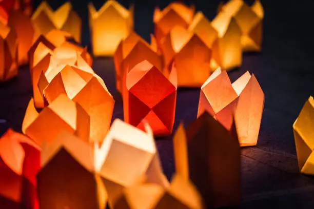 Photo of Close up of illuminated paper lanterns in a row outdoors