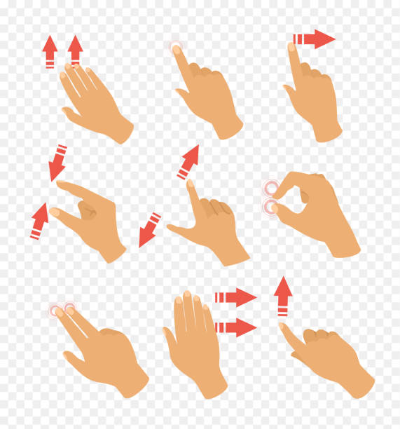 ilustraciones, imágenes clip art, dibujos animados e iconos de stock de conjunto de ilustración vectorial de iconos de gestos para dispositivos táctiles. flechas de puntero y mano, ordenador portátil y movimiento. dedos tocan en diseño plano. - human thumb pointing human finger human hand
