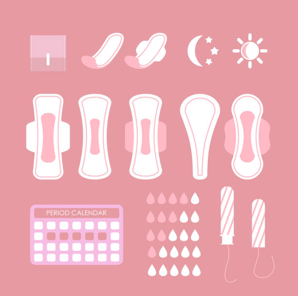 vektor-illustration der damenhygiene symbole festgelegt. cartoon-flache bauweise von damenbinden, tampons, kalender und infografik elemente isoliert auf rosa hintergrund. - sanitary stock-grafiken, -clipart, -cartoons und -symbole