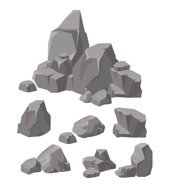 ilustraciones, imágenes clip art, dibujos animados e iconos de stock de vector conjunto de ilustración de rocas y piedras de colores gris. dibujos animados de piedra y elementos de juego de estilo plano. - land industry construction heap