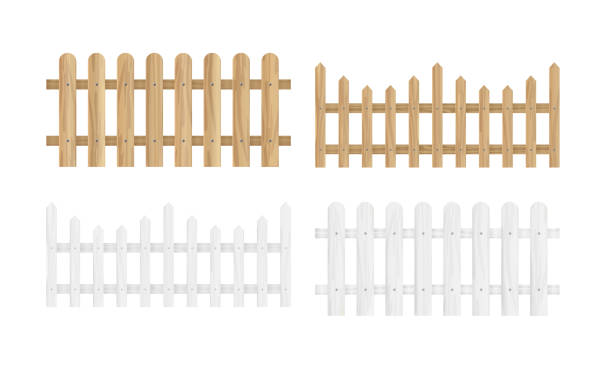 Vector illustration set of the different wood fences in light brown and white color and different shapes in flat style. Vector illustration set of the different wood fences in light brown and white color and different shapes in flat style palisade boundary stock illustrations