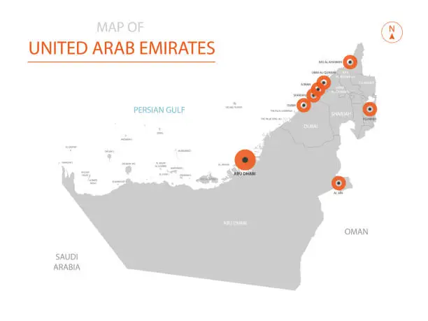 Vector illustration of United Arab Emirates map with administrative divisions.