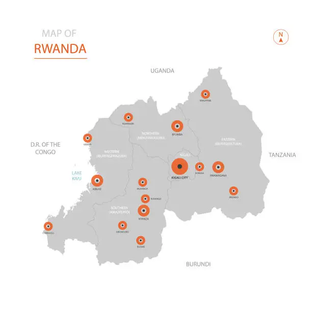 Vector illustration of Rwanda map with administrative divisions.