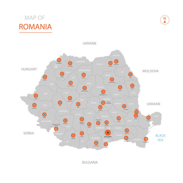 illustrazioni stock, clip art, cartoni animati e icone di tendenza di mappa della romania con divisioni amministrative. - romania