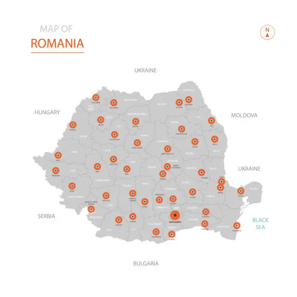 Vector illustration of Romania map with administrative divisions.