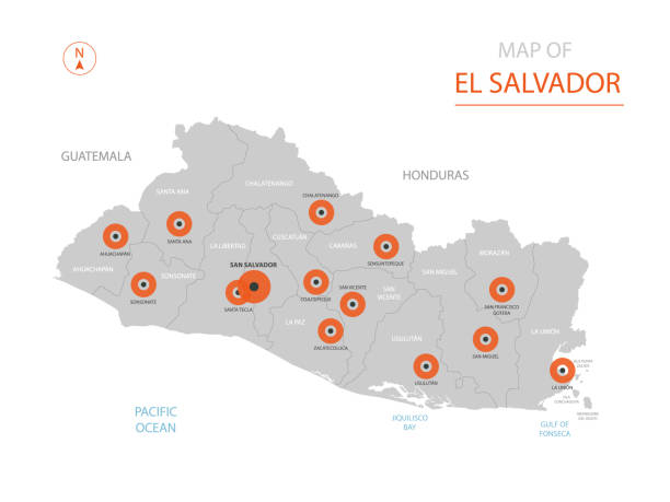 El Salvador map with administrative divisions. Stylized vector El Salvador map showing big cities, capital San Salvador, administrative divisions. el salvador landmarks stock illustrations