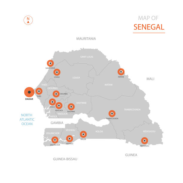 mapa senegalu z podziałami administracyjnymi. - senegal dakar region africa map stock illustrations