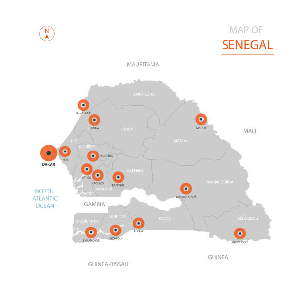 ilustrações, clipart, desenhos animados e ícones de mapa do senegal com divisões administrativas. - senegal dakar region africa map