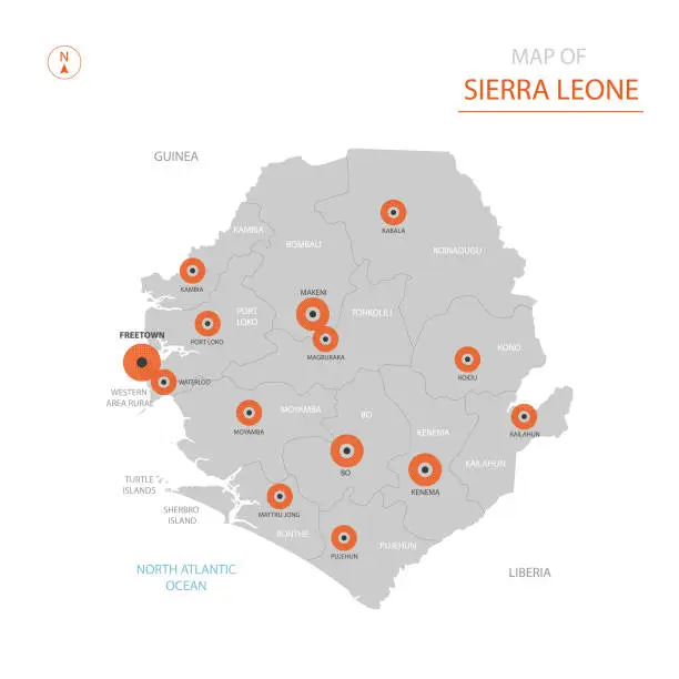 Vector illustration of Sierra Leone map with administrative divisions.