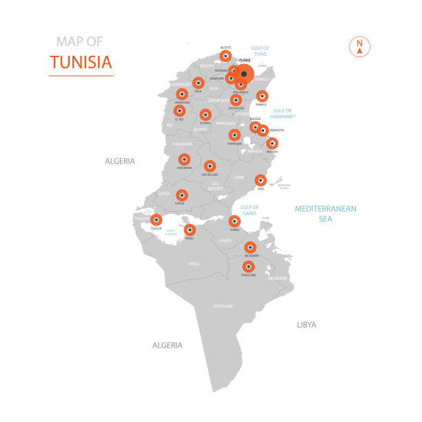 Tunisia map with administrative divisions. Stylized vector Tunisia map showing big cities, capital Tunis, administrative divisions. tunisia stock illustrations