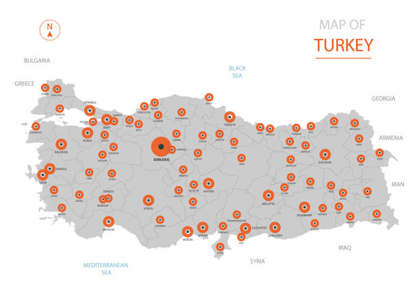 illustrazioni stock, clip art, cartoni animati e icone di tendenza di mappa della turchia con divisioni amministrative. - turchia