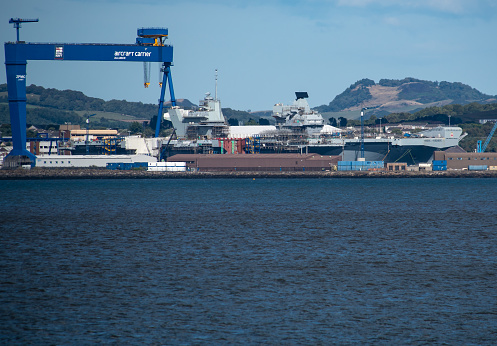 Rosyth, United Kingdom - August 09 2018:   The Aircraft Carrier Prince of Wales under consatruction at Rosyth Dockyards, due tto be launched in 2020