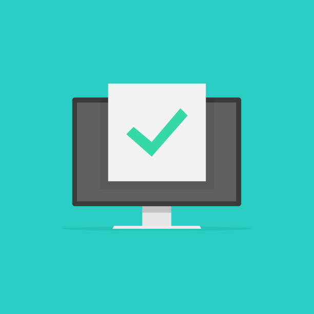 istock Computer with checkmark, monitor approved tick notification, idea of successful update check mark, accepted checkmark. Vector illustration. 1030306384