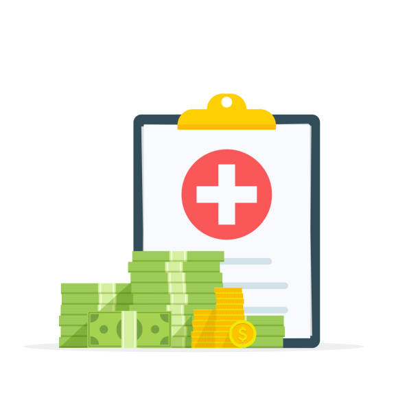 Medical clipboard document with money, health insurance form with pile of money, idea of expensive medicine, healthcare spendings or expenses. Flat design, vector illustration on background. Medical clipboard document with money, health insurance form with pile of money, idea of expensive medicine, healthcare spendings or expenses. Flat design, vector illustration on background expense illustrations stock illustrations