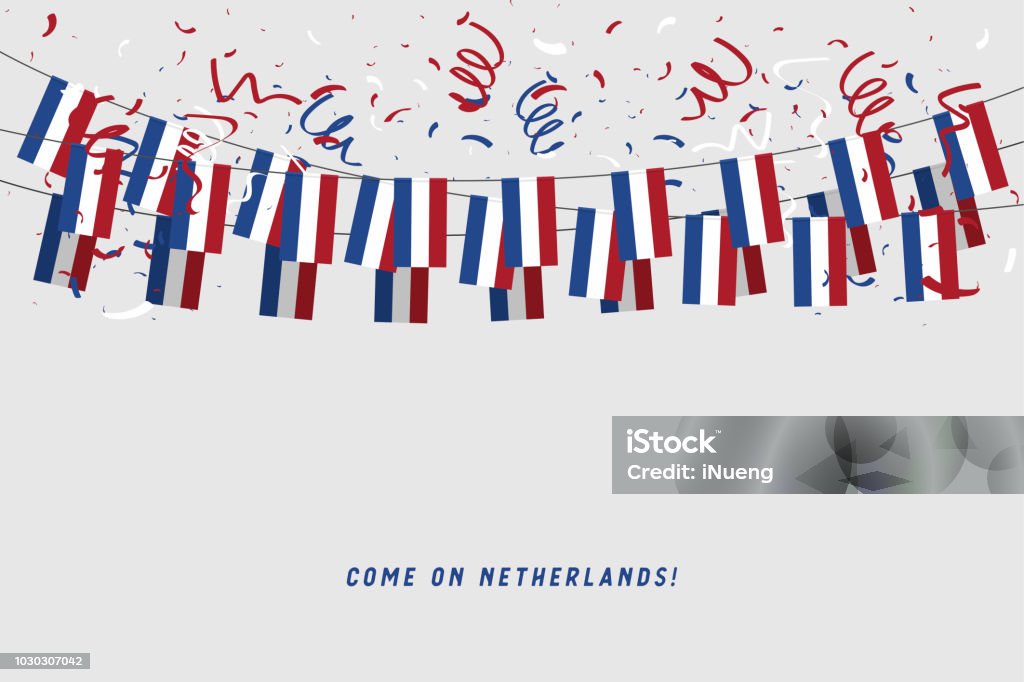 Netherlands garland flag with confetti on gray background, Hang bunting for Netherlands celebration template banner. - Royalty-free Bandeira da Holanda arte vetorial
