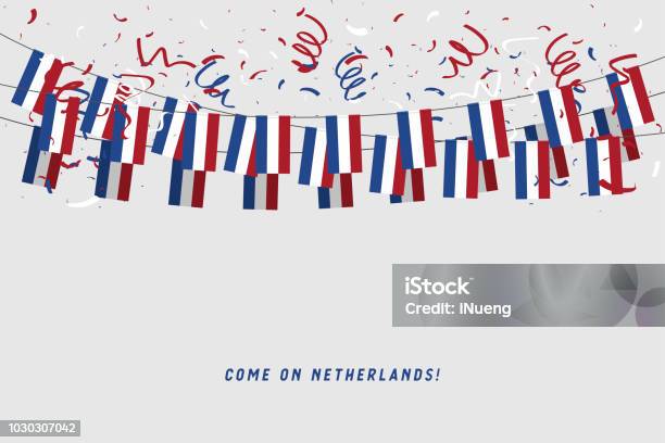 Netherlands Garland Flag With Confetti On Gray Background Hang Bunting For Netherlands Celebration Template Banner - Arte vetorial de stock e mais imagens de Bandeira da Holanda