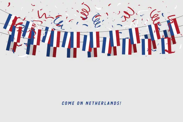 Vector illustration of Netherlands garland flag with confetti on gray background, Hang bunting for Netherlands celebration template banner.