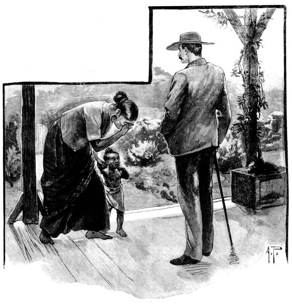 Victorian black and white story illustration depicting a native woman and child bowing to a white plantation owner; Boys Own Paper 1892 Boys Own Paper 1892 slave plantation stock illustrations