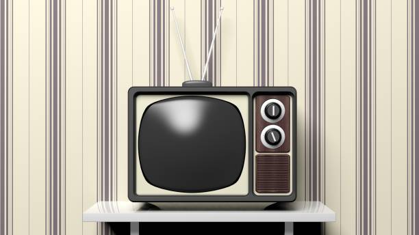 istock Antique TV set on white shelf, home interior. 3D rendering 1030314842