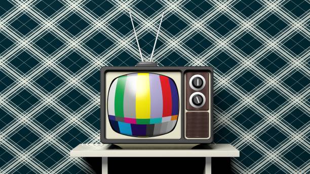 istock Antique TV set with color bars on screen on white shelf, home interior. 3D rendering 1030314846