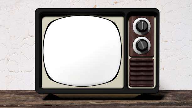 istock Antique TV set with blank screen on wooden surface. 3D rendering 1030314852