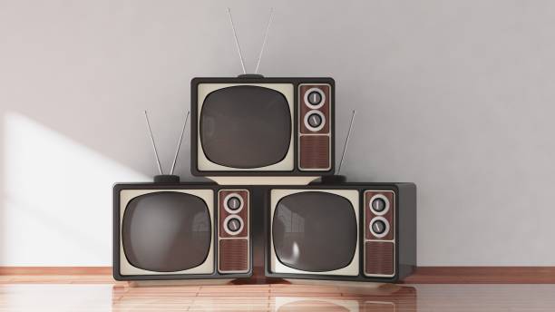 istock Antique TV sets on wooden floor, home interior. 3D rendering 1030314892