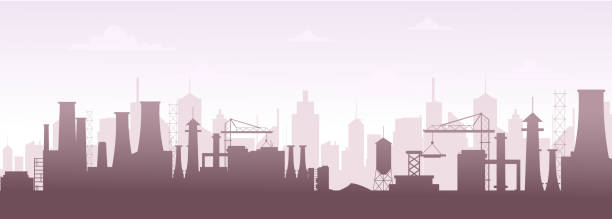 vektor-illustration von industriebauten silhouette skyline. moderne stadtlandschaft, fabrik verschmutzung im flachen stil. - factory pollution smoke smog stock-grafiken, -clipart, -cartoons und -symbole