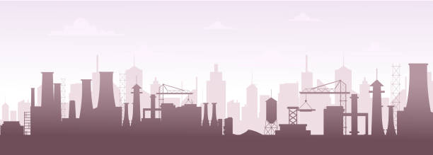 wektorowa ilustracja budynków przemysłowych sylwetka skyline. nowoczesny krajobraz miasta, zanieczyszczenie fabryki w stylu płaskim. - factory pollution smoke smog stock illustrations