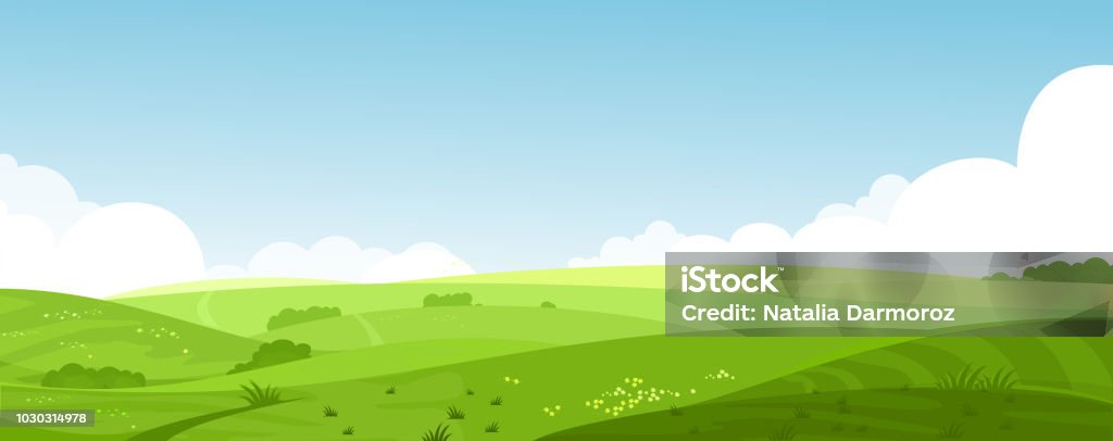 Vector illustration of beautiful summer fields landscape with a dawn, green hills, bright color blue sky, country background in flat cartoon style banner. Vector illustration of beautiful summer fields landscape with a dawn, green hills, bright color blue sky, country background in flat cartoon style banner Landscape - Scenery stock vector