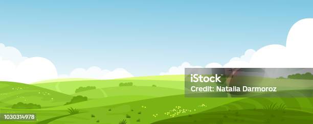 Vector Illustration Of Beautiful Summer Fields Landscape With A Dawn Green Hills Bright Color Blue Sky Country Background In Flat Cartoon Style Banner Stock Illustration - Download Image Now