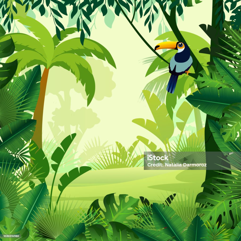 Ilustración de vector de la selva de fondo hermoso mañana. Selva brillante con helechos y flores. Juego de diseño, sitios web y los teléfonos móviles, impresión. - arte vectorial de Bosque pluvial libre de derechos