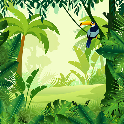 Vector cartoon illustration of background morning jungle. Bright jungle with ferns and flowers. For design game, websites and mobile phones, printing.