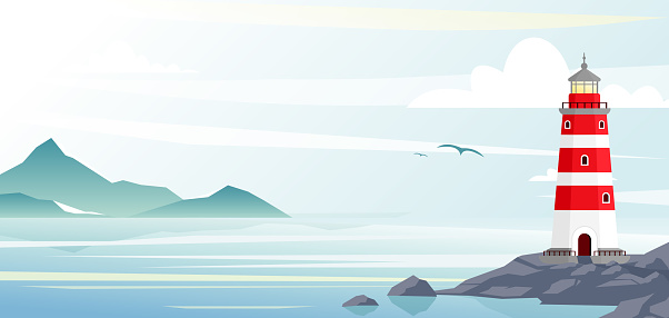 Lighthouse with ocean or sea beach view on background in flat style