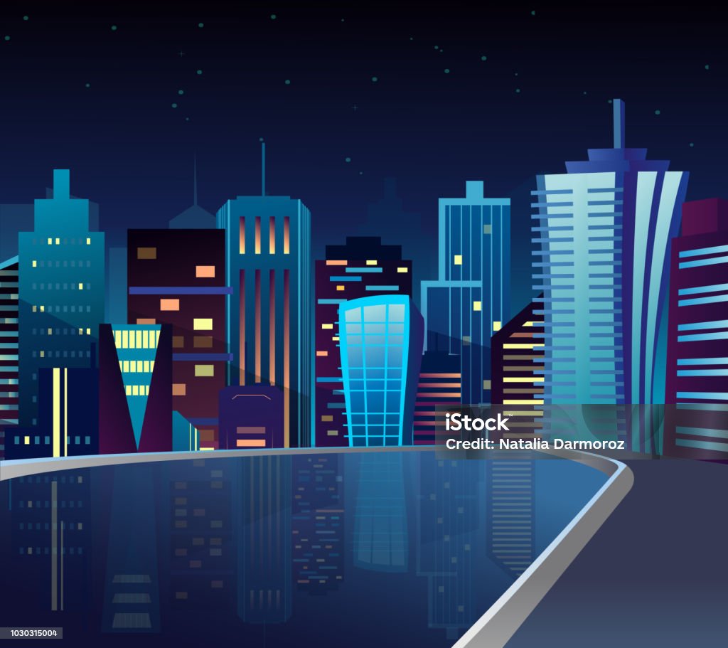 Minh Họa Vector Cảnh Quan Thành Phố Về Đêm Với Hình Ảnh Phản Chiếu ...