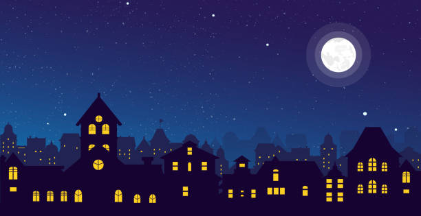 ilustraciones, imágenes clip art, dibujos animados e iconos de stock de ilustración de vector del horizonte de la ciudad de noche con luna llena sobre los tejados de las casas urbanas de estilo plano. - old house illustrations