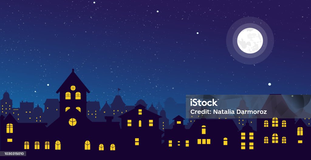 Vector illustration of the night town skyline with a full moon over urban houses rooftops in flat style. Vector illustration of the night town skyline with a full moon over urban houses rooftops in flat style Night stock vector