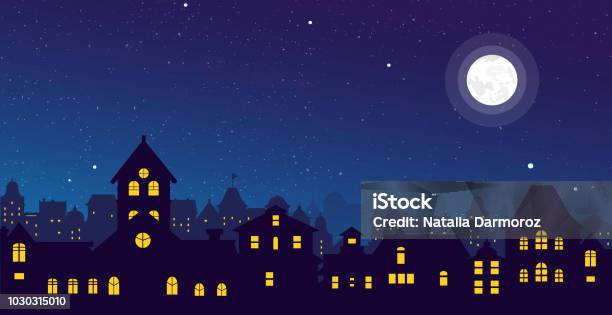 Vector Illustration Of The Night Town Skyline With A Full Moon Over Urban Houses Rooftops In Flat Style Stock Illustration - Download Image Now