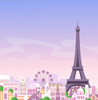 Vector illustration of romantic Paris view, France city skyline background in pastel colors, beautiful city in flat style